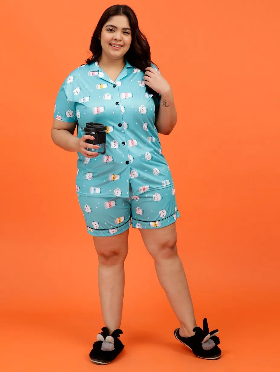 Plus Size Women Coffee Addict Satin Shorts Set