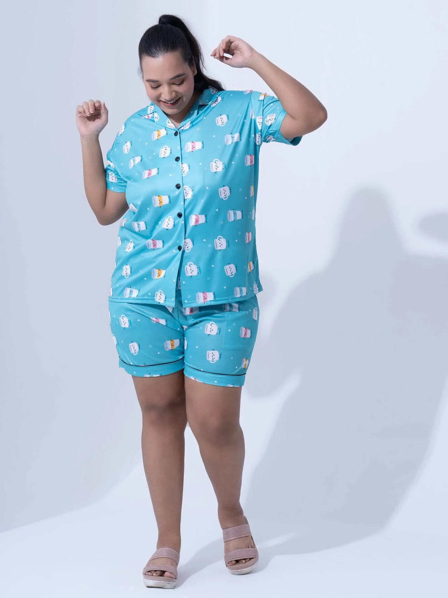 Plus Size Women Coffee Addict Satin Shorts Set