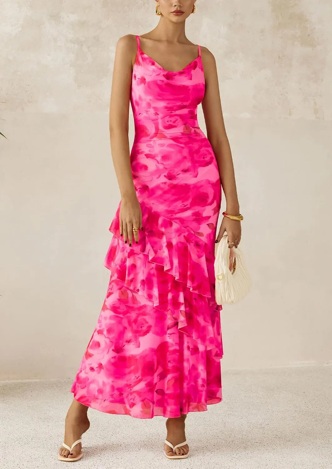 PRETTYGARDEN Maxi Dresses for Women 2025 Floral Beach Sundress Spaghetti Strap Tiered Summer Wedding Guest Long Dress