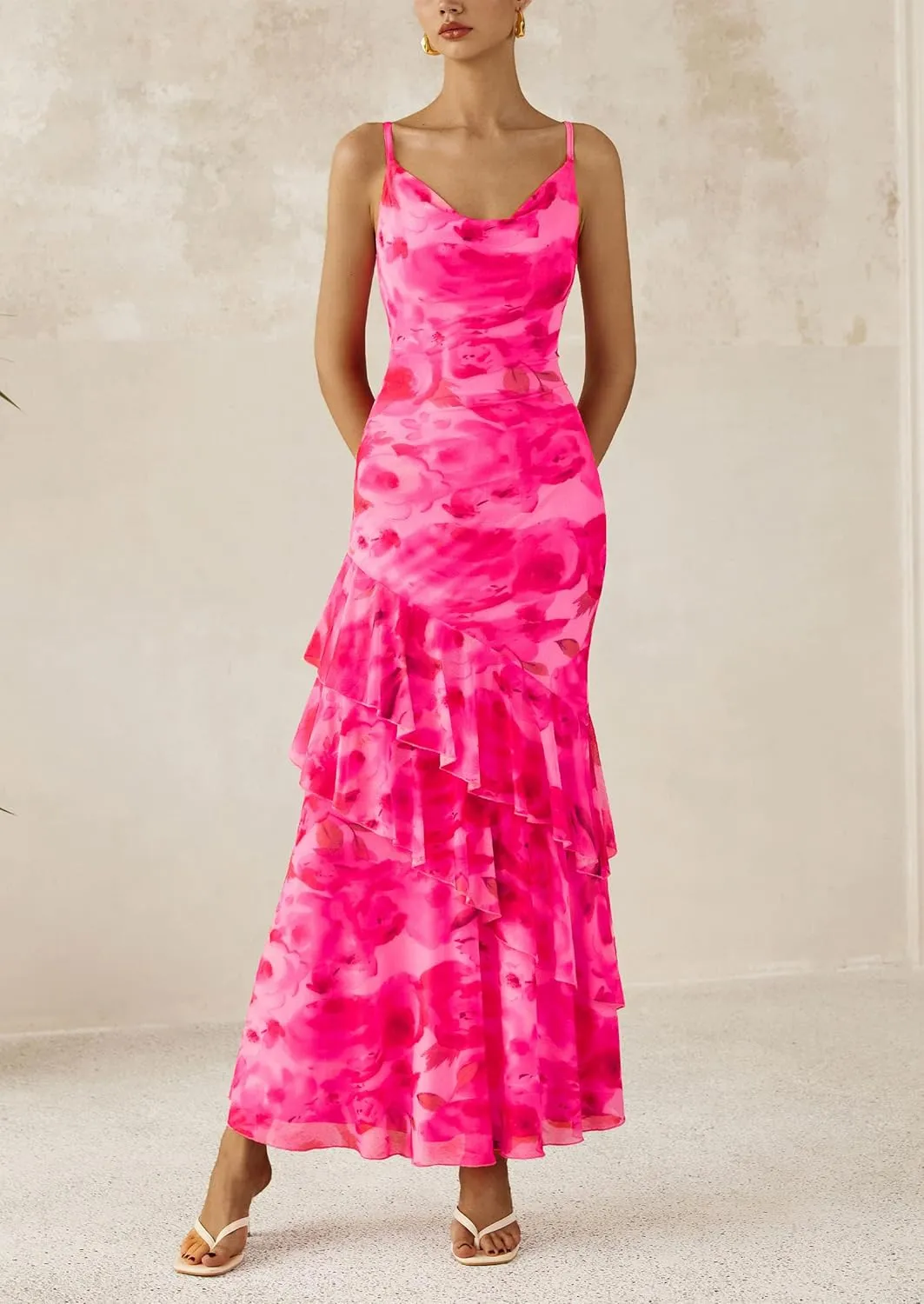 PRETTYGARDEN Maxi Dresses for Women 2025 Floral Beach Sundress Spaghetti Strap Tiered Summer Wedding Guest Long Dress