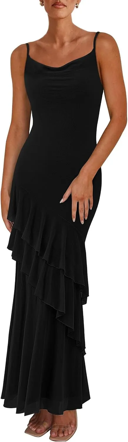 PRETTYGARDEN Maxi Dresses for Women 2025 Floral Beach Sundress Spaghetti Strap Tiered Summer Wedding Guest Long Dress