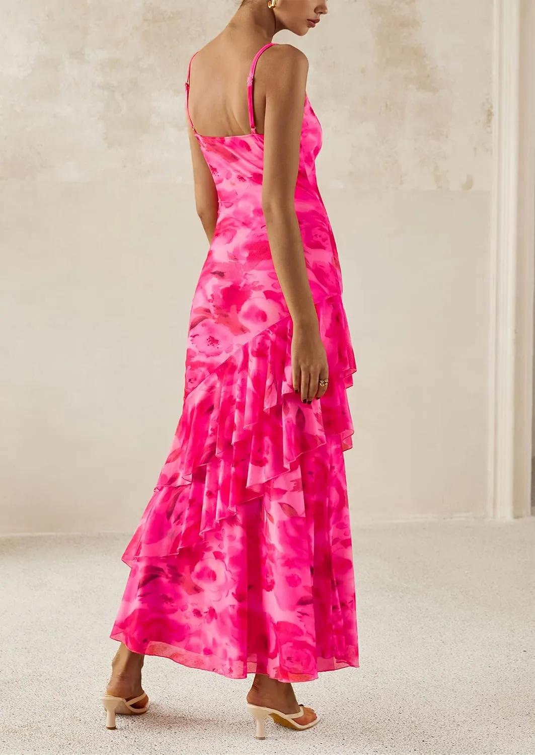 PRETTYGARDEN Maxi Dresses for Women 2025 Floral Beach Sundress Spaghetti Strap Tiered Summer Wedding Guest Long Dress