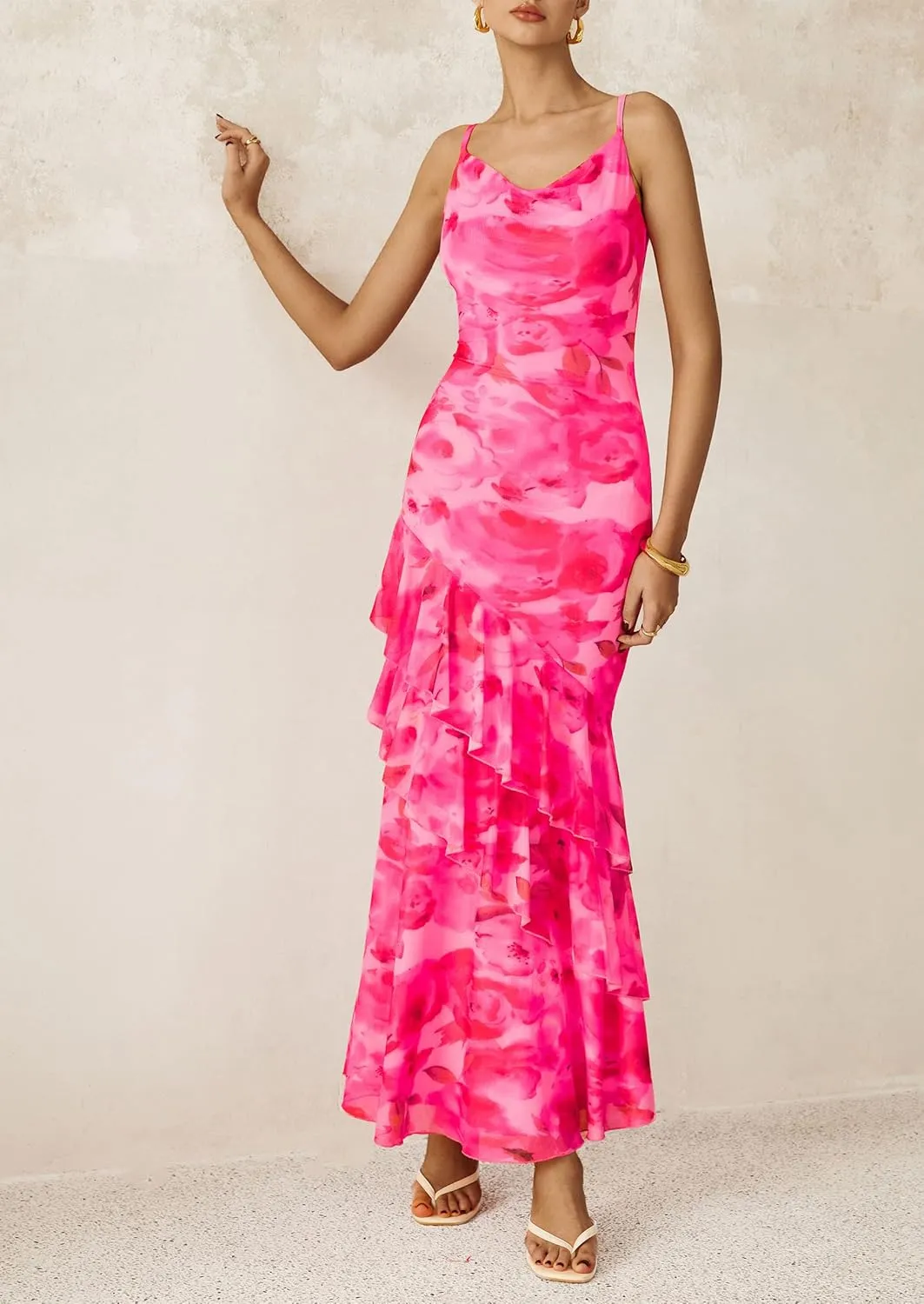 PRETTYGARDEN Maxi Dresses for Women 2025 Floral Beach Sundress Spaghetti Strap Tiered Summer Wedding Guest Long Dress