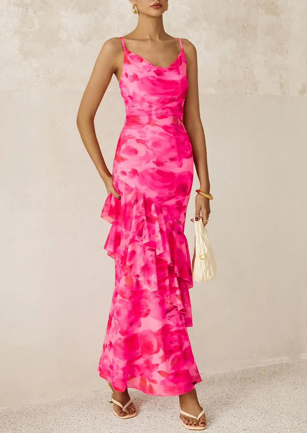 PRETTYGARDEN Maxi Dresses for Women 2025 Floral Beach Sundress Spaghetti Strap Tiered Summer Wedding Guest Long Dress