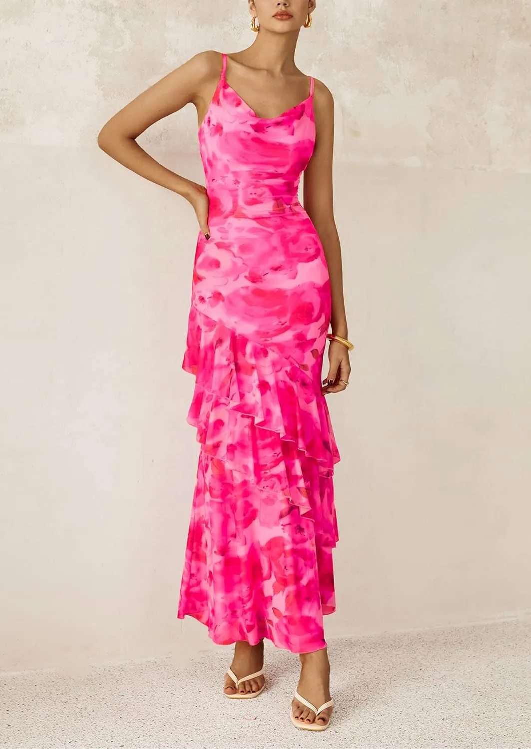 PRETTYGARDEN Maxi Dresses for Women 2025 Floral Beach Sundress Spaghetti Strap Tiered Summer Wedding Guest Long Dress
