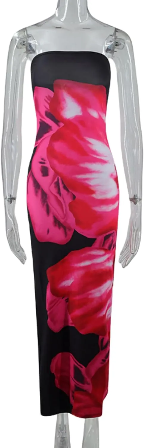 RARITYUS Women's Floral Printed Strapless Maxi Dress Sexy Slit Back Tube Top Dress Summer Beach Bodycon Dresses