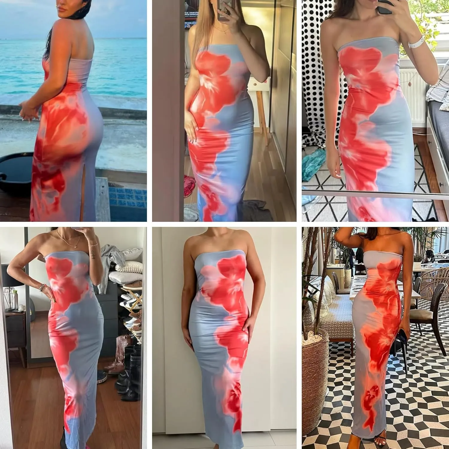 RARITYUS Women's Floral Printed Strapless Maxi Dress Sexy Slit Back Tube Top Dress Summer Beach Bodycon Dresses