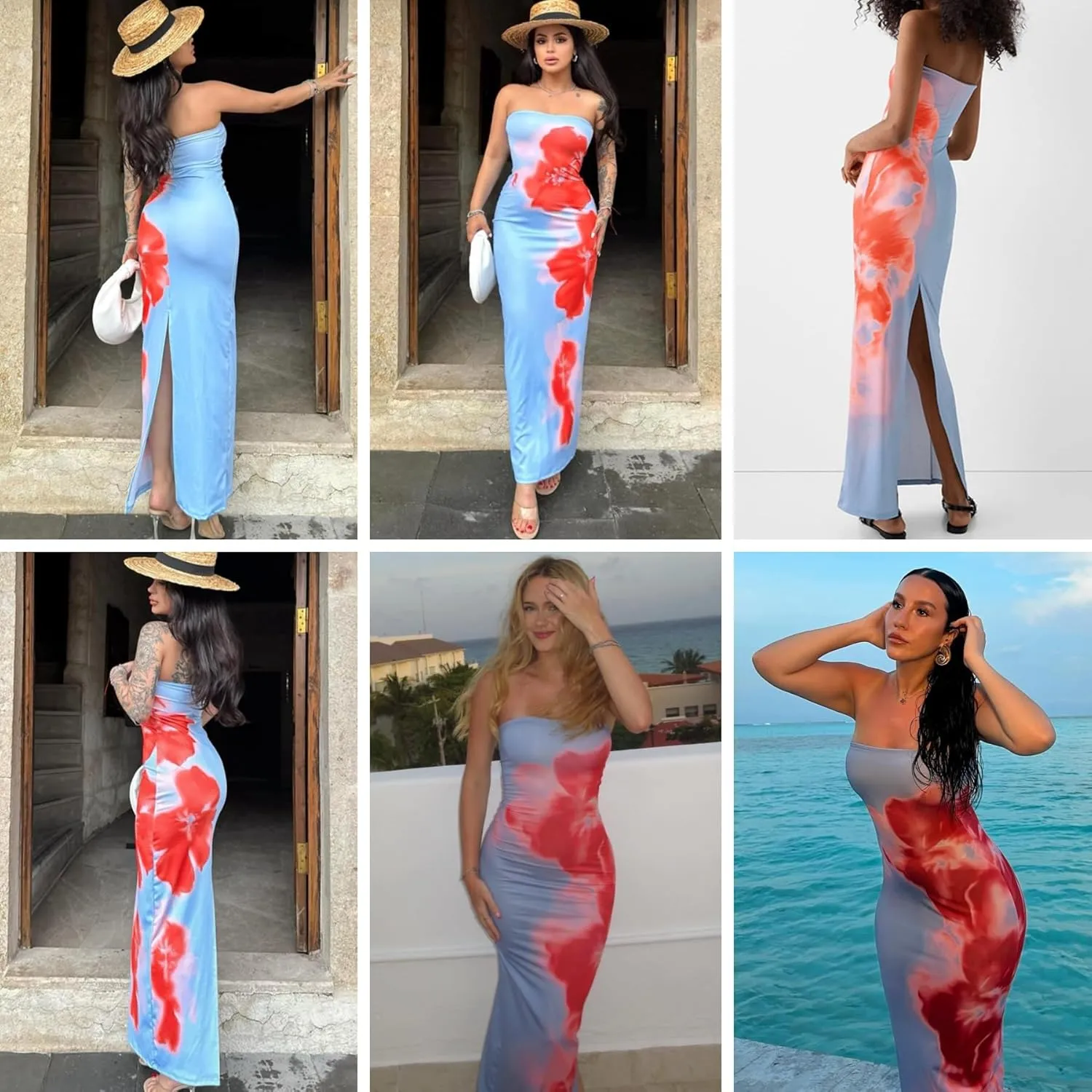 RARITYUS Women's Floral Printed Strapless Maxi Dress Sexy Slit Back Tube Top Dress Summer Beach Bodycon Dresses