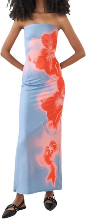RARITYUS Women's Floral Printed Strapless Maxi Dress Sexy Slit Back Tube Top Dress Summer Beach Bodycon Dresses