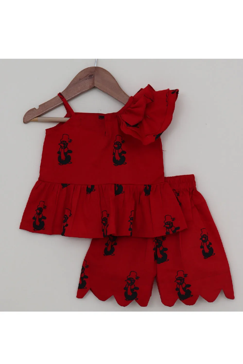 Red Snowman Printed One Shoulder Top With Short Set