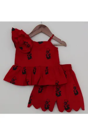 Red Snowman Printed One Shoulder Top With Short Set