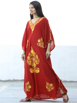 Red Yellow Aari Embroidered Long Kashmere Free Size Kaftan in Crushed Cotton - K11K051