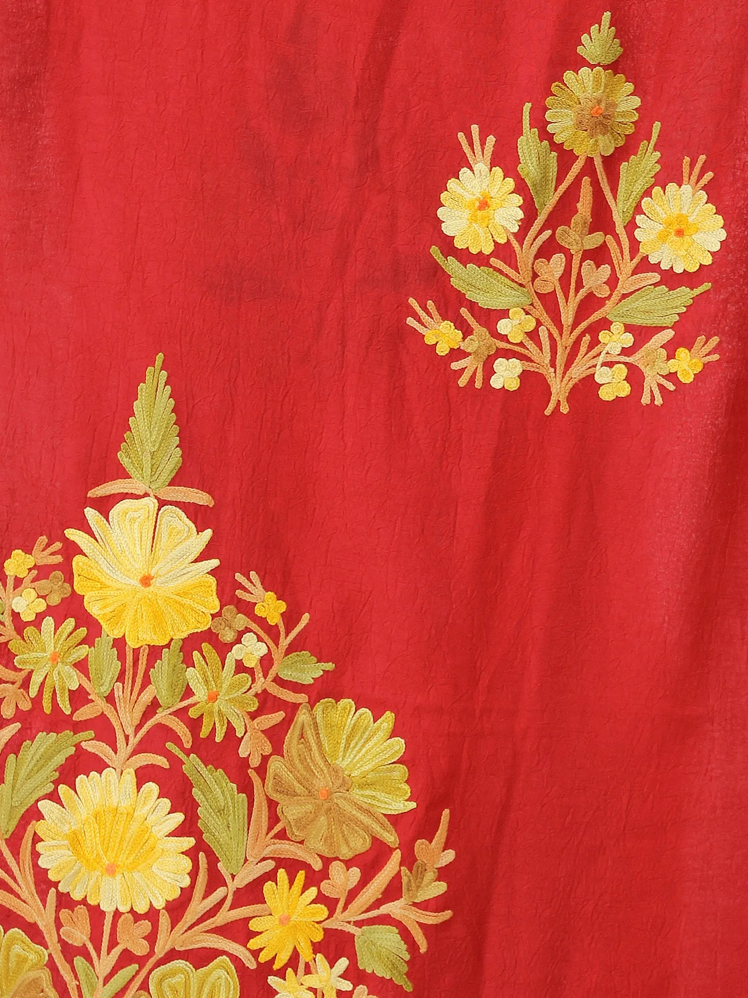 Red Yellow Aari Embroidered Long Kashmere Free Size Kaftan in Crushed Cotton - K11K051