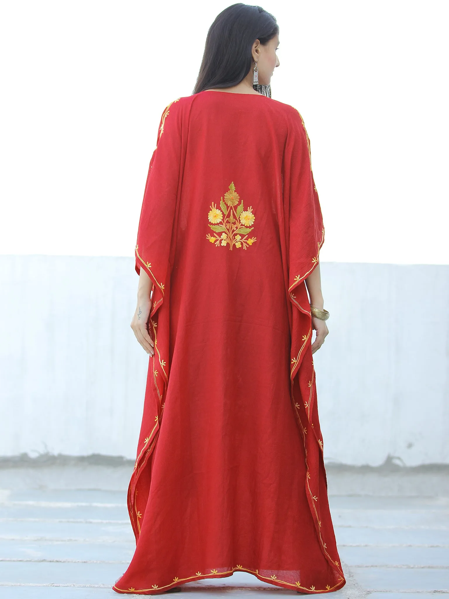 Red Yellow Aari Embroidered Long Kashmere Free Size Kaftan in Crushed Cotton - K11K051