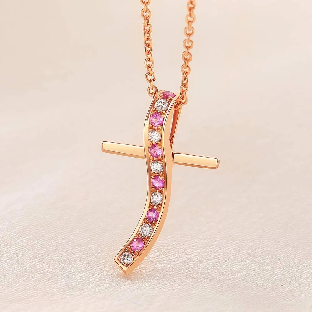 Round-cut Pink Sapphire and Diamond Cross Pendant in 18K Rose Gold