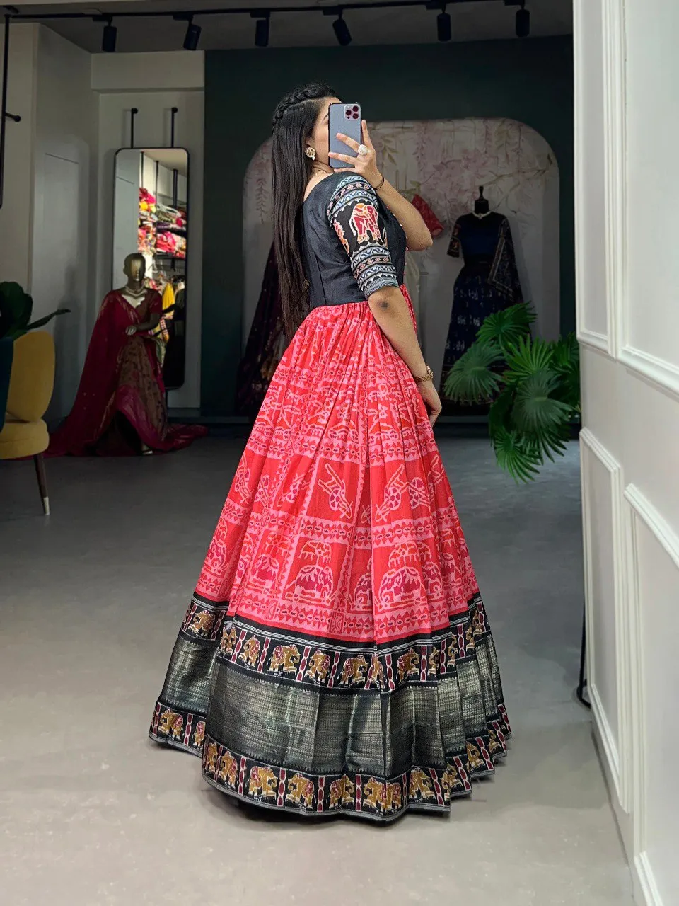 Salmon Pink Dola Silk Printed Gown with Zari Border