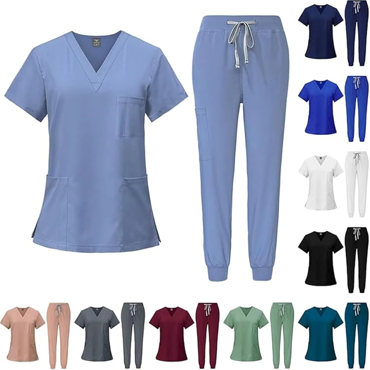 Scrubs for Women Set Stretch V-Neck Scrub Tops with Pockets & Cargo Pant Quick Drying Solid Nurse Uniform