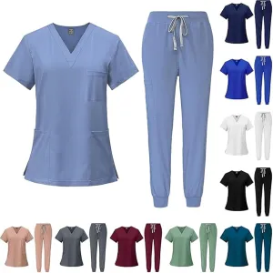 Scrubs for Women Set Stretch V-Neck Scrub Tops with Pockets & Cargo Pant Quick Drying Solid Nurse Uniform
