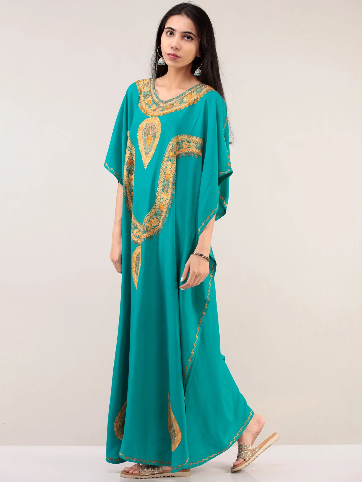 Sky Blue Aari Embroidered Kashmere Free Size Kaftan  - K12K044