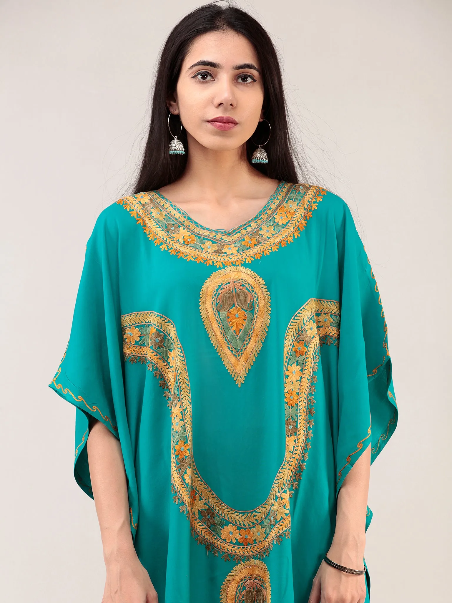 Sky Blue Aari Embroidered Kashmere Free Size Kaftan  - K12K044
