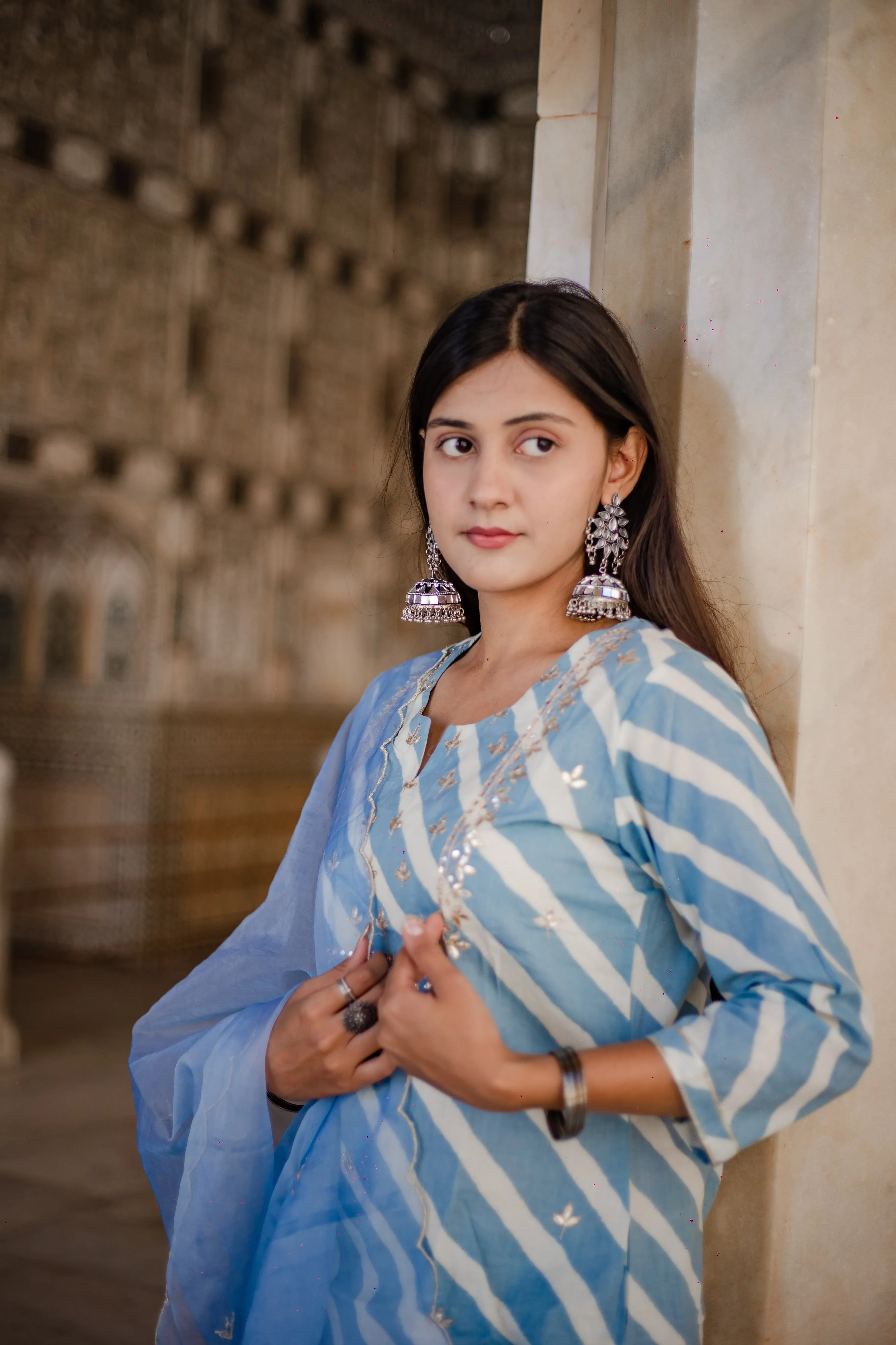 Sky Blue Leheriya Cotton Kurta Pant Set With Organza Dupatta