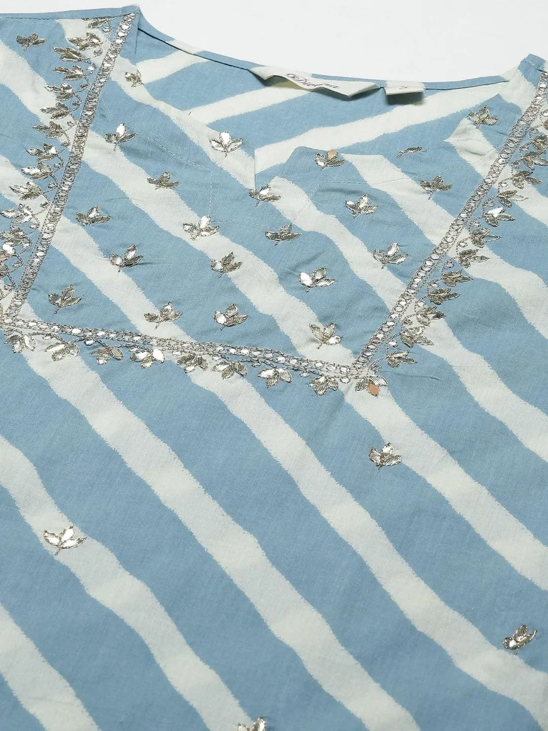 Sky Blue Leheriya Cotton Kurta Pant Set With Organza Dupatta
