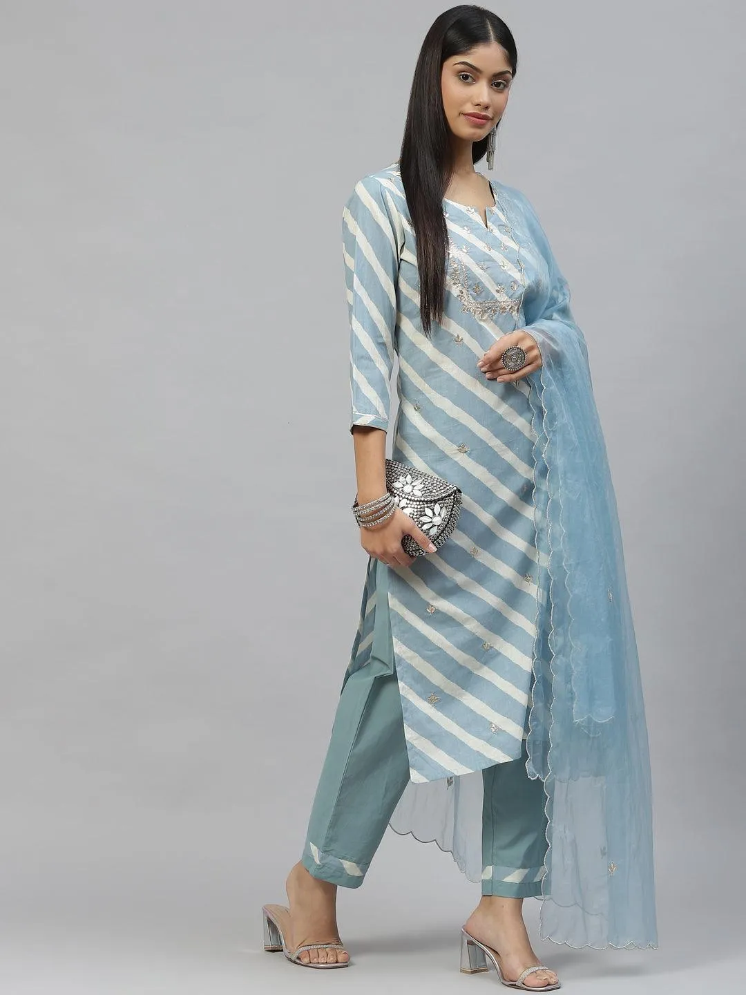 Sky Blue Leheriya Cotton Kurta Pant Set With Organza Dupatta