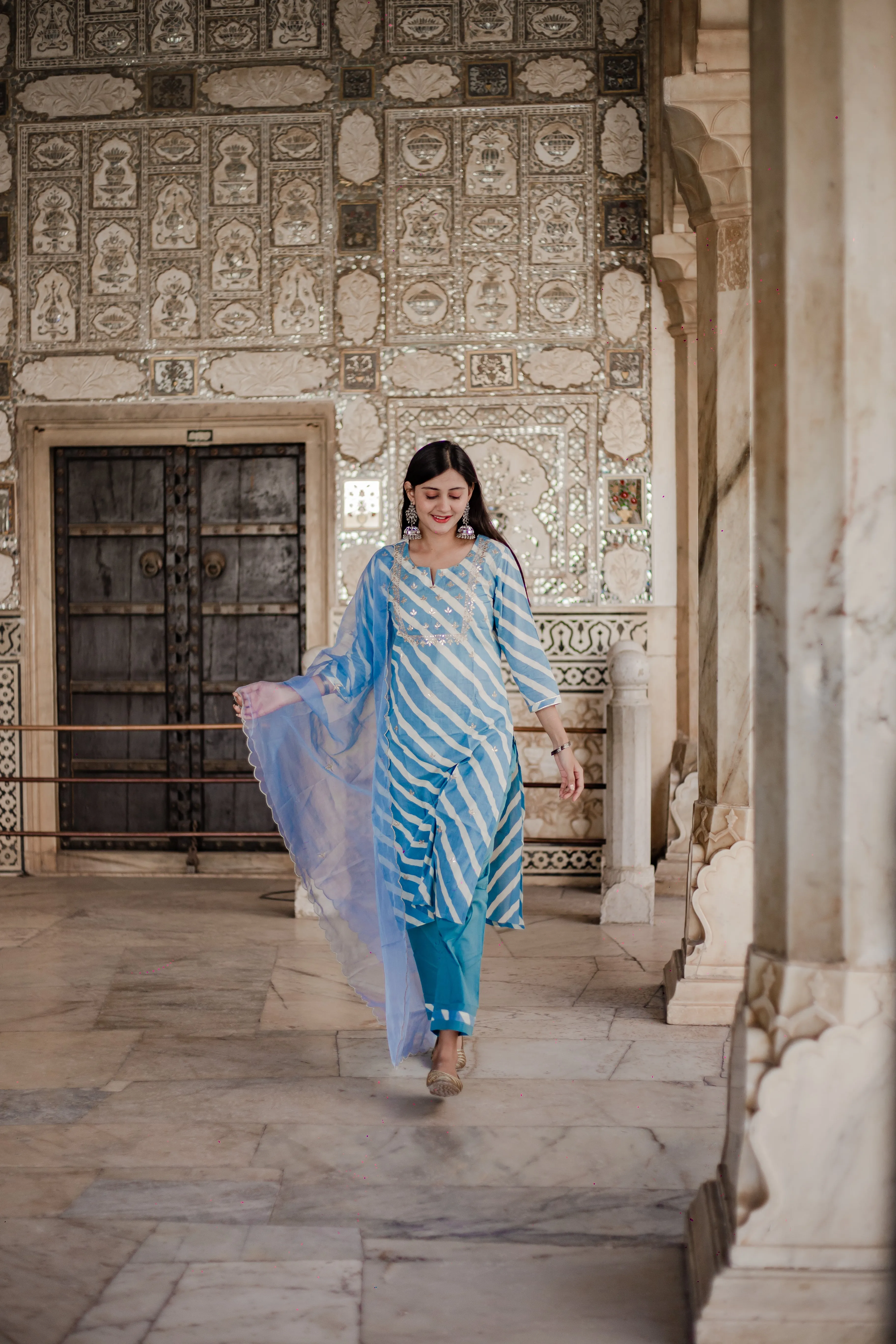 Sky Blue Leheriya Cotton Kurta Pant Set With Organza Dupatta