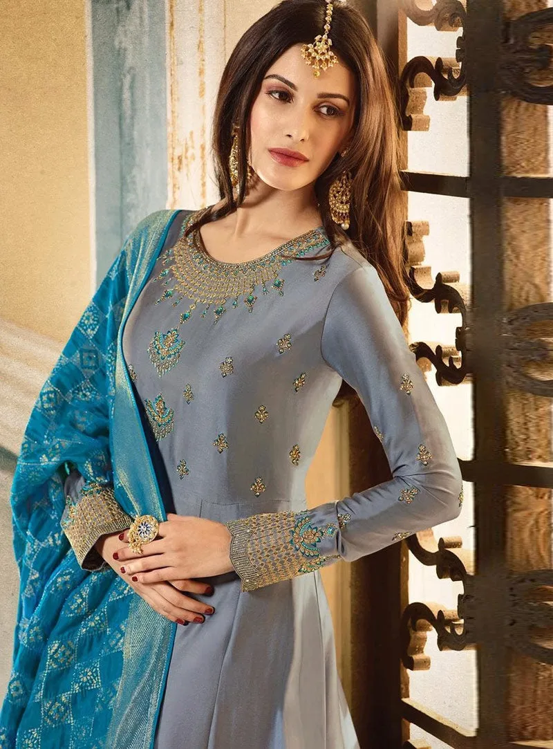 Slate Grey And Blue Motif Embroidered Ghera Anarkali Suit