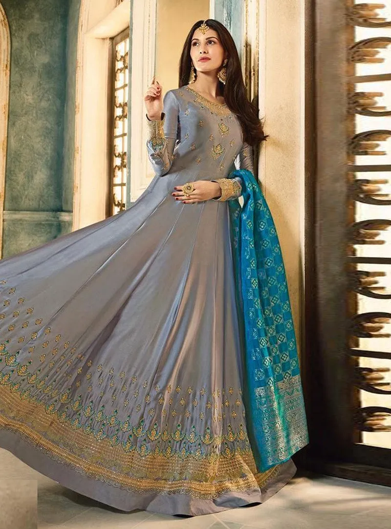 Slate Grey And Blue Motif Embroidered Ghera Anarkali Suit