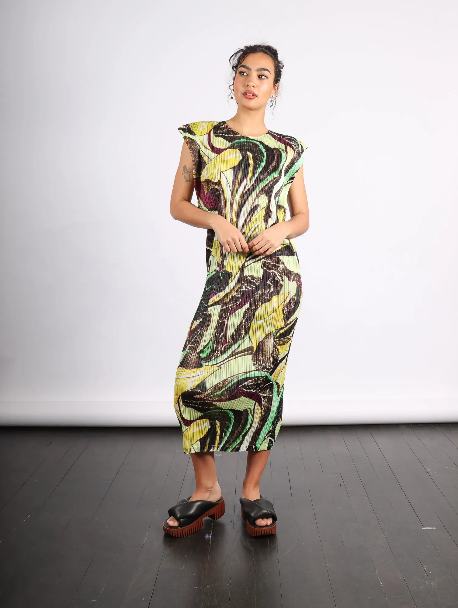 Tardivo Dress in Khaki by Pleats Please Issey Miyake