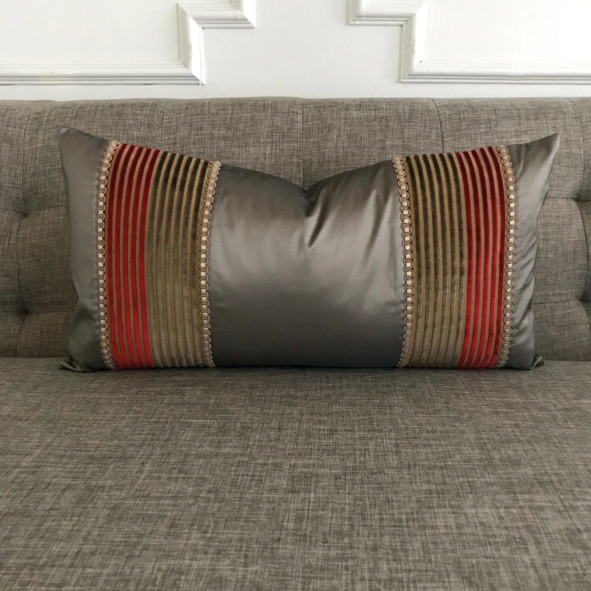 Taupe Shantung Velvet Striped Throw Pillow Cover 13x22