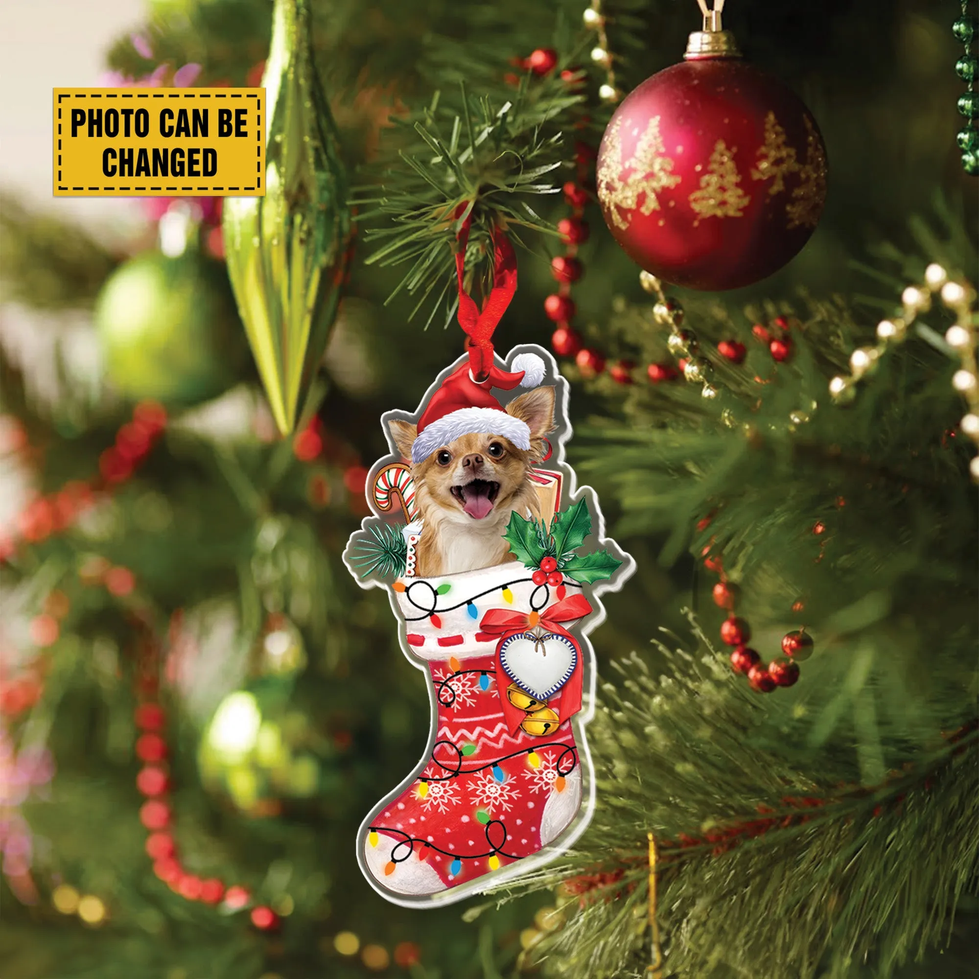 Teesdily | Custom Chihuahua Ornament Christmas, Chihuahua In Stocking Ornament Christmas, Cute Dog Mom, Christmas Dog Ornament, Dog Lover Gifts
