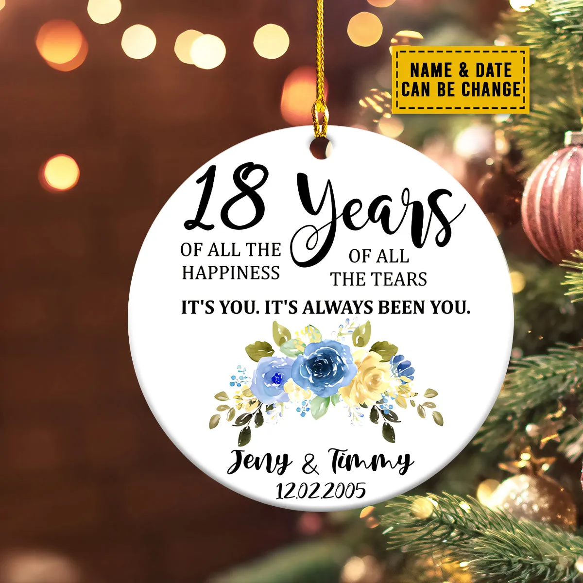 Teesdily | Customized Couple Christmas Keepsake Ornament 18 Years Of All The Happiness Car Hanging Gift For Lover Husband Wife Girlfriend Boyfriend