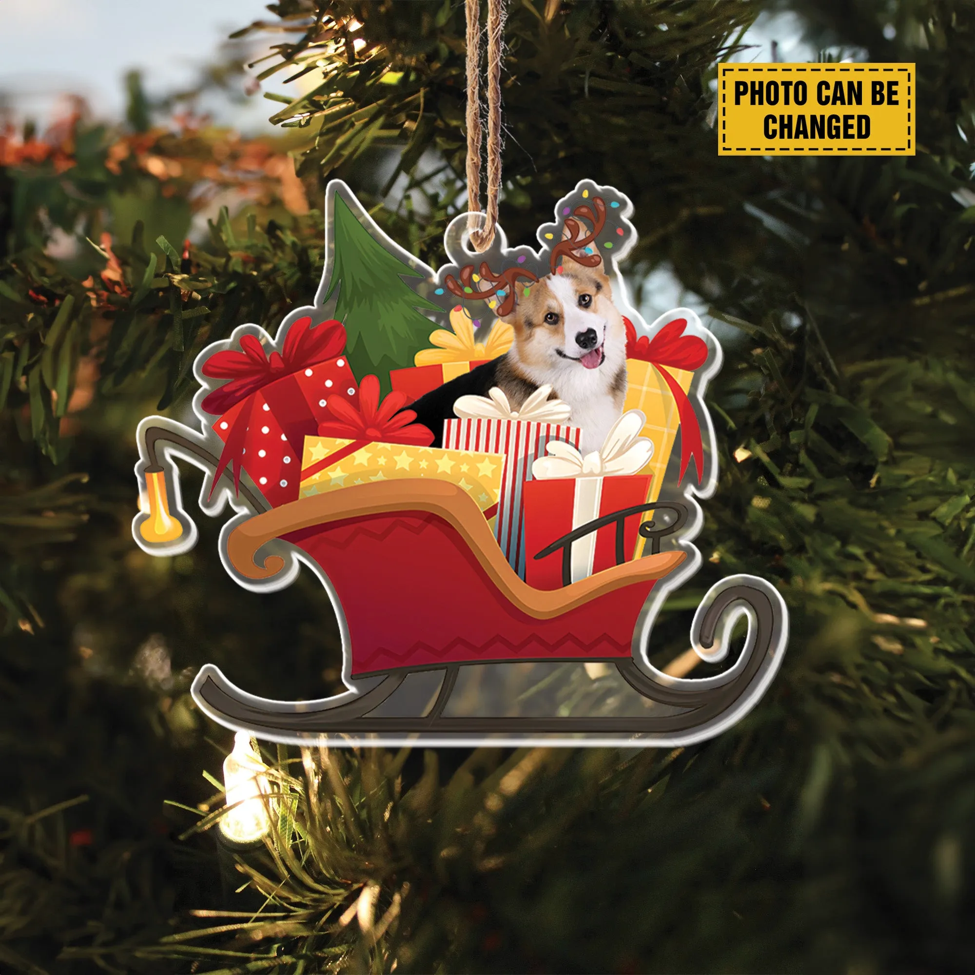 Teesdily | Customized Photo Dog Christmas Ornament, Corgi Santa Sleigh Hanging Ornament, Pet Christmas Gift Boxes, Dog Ornament, Dog Mom 2024 Gift