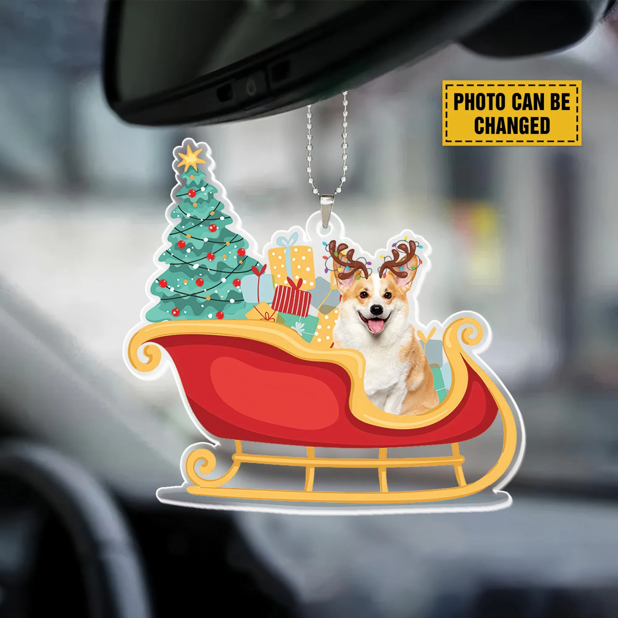 Teesdily | Customized Photo Dog Christmas Ornament, Corgi Santa Sleigh Hanging Ornament, Pet Christmas Gift Boxes, Dog Ornament, Dog Mom 2024 Gift