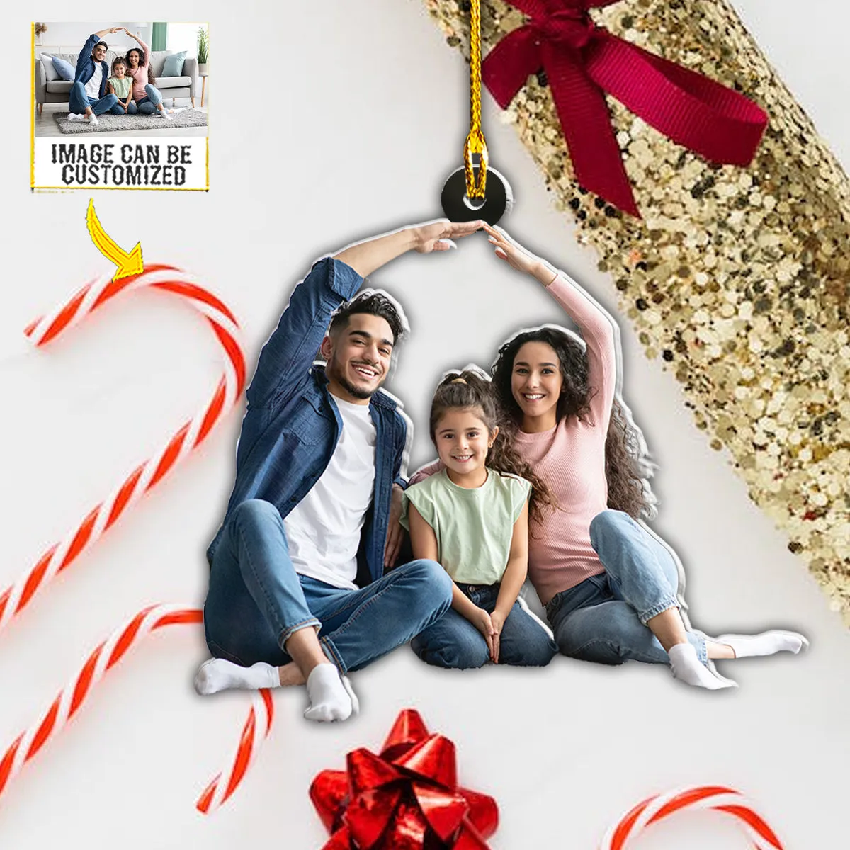 Teesdily | Customized Photo Family Ornament Dad Mom And Child Christmas Ornament Christmas Keepsake Holiday Gift Idea Custom Photo Ornament Two Sided