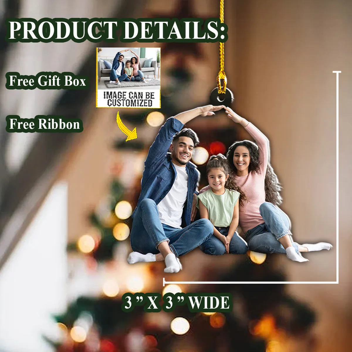 Teesdily | Customized Photo Family Ornament Dad Mom And Child Christmas Ornament Christmas Keepsake Holiday Gift Idea Custom Photo Ornament Two Sided