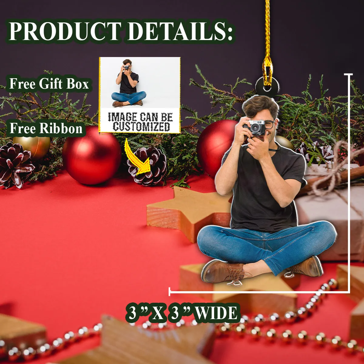 Teesdily | Customized Photo Photographer Christmas Ornament Camera Man Ornament Photo Ornament Gift For Photographers Christmas Ornaments Photos
