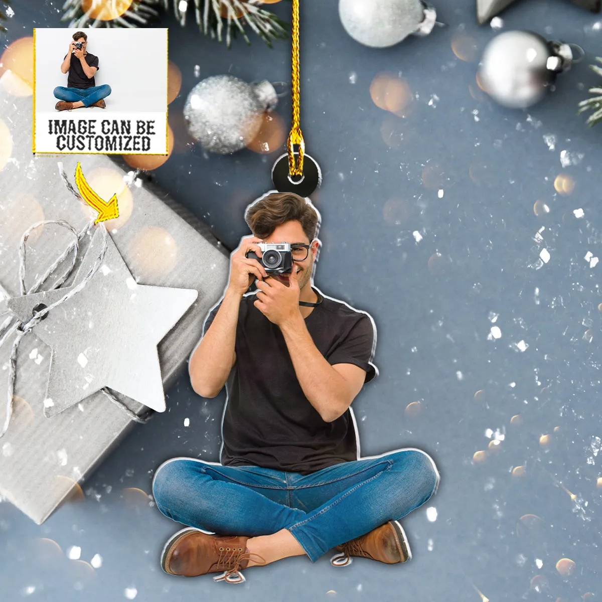 Teesdily | Customized Photo Photographer Christmas Ornament Camera Man Ornament Photo Ornament Gift For Photographers Christmas Ornaments Photos