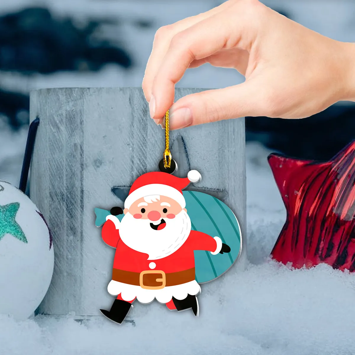 Teesdily | Customized Santa Claus Gift Bag Rearview Mirror Charms Merry Christmas Hanging Ornament Jingle Bell Winter Holiday Home Decoration