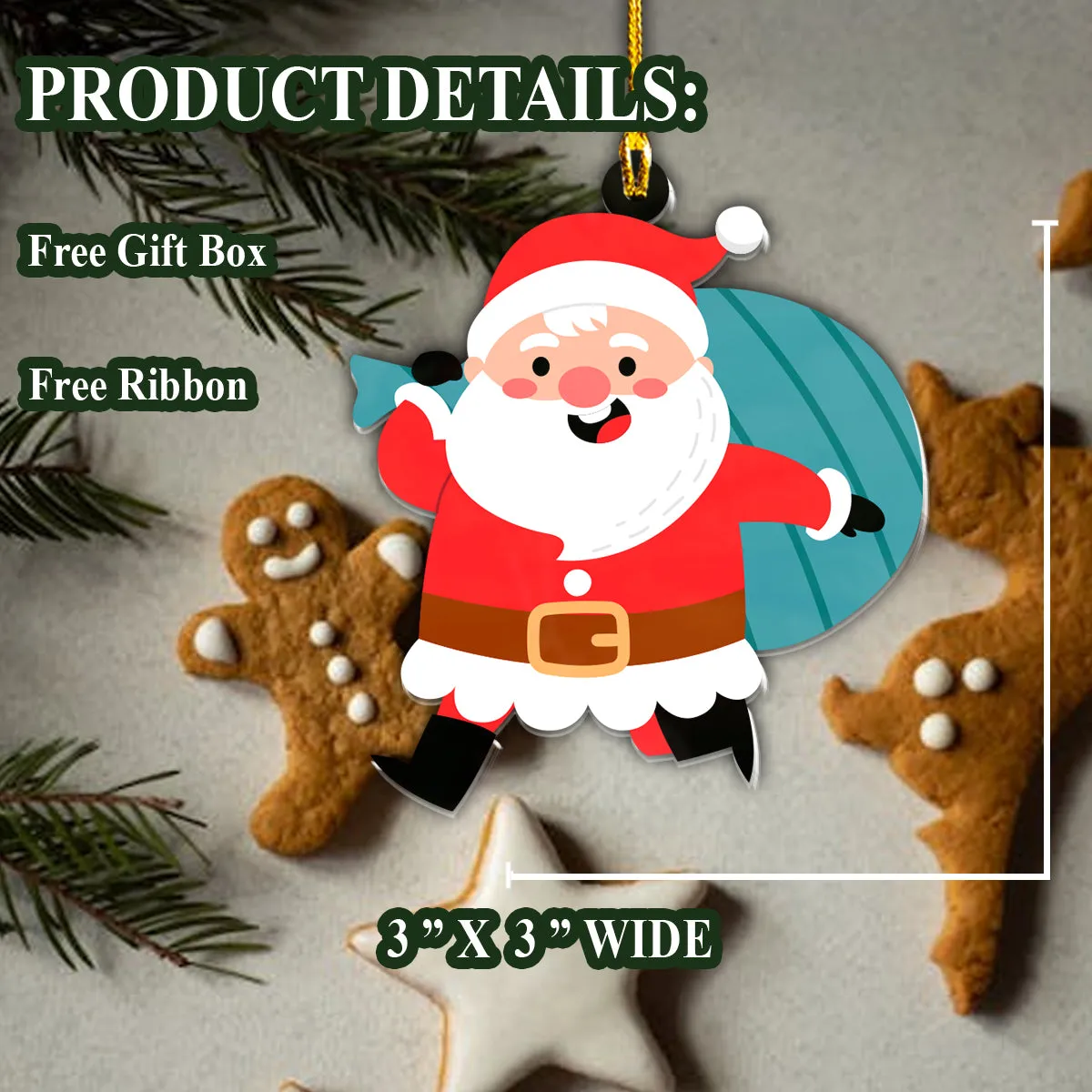 Teesdily | Customized Santa Claus Gift Bag Rearview Mirror Charms Merry Christmas Hanging Ornament Jingle Bell Winter Holiday Home Decoration