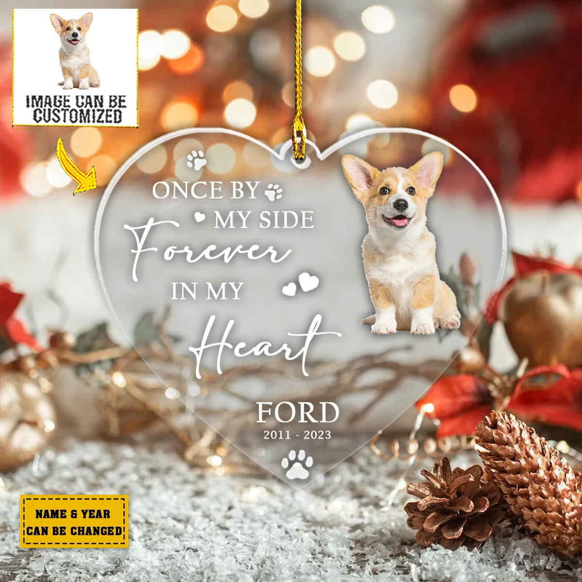 Teesdily | Pet Remembrance Personalized Ornament With Picture Once By My Side Forever In My Heart Car Ornament Pet Loss Gift Memorial Xmas Car Decor