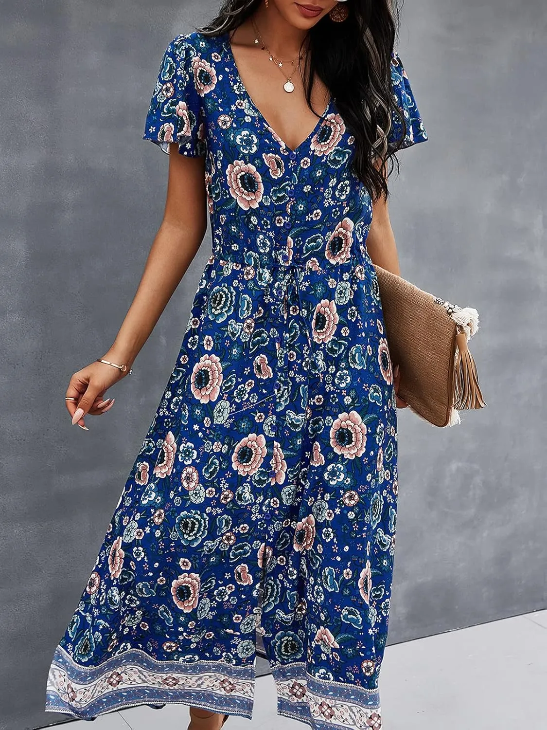 TEMOFON Women Dress Summer Sleeveless Bohemian: Floral V Neck Button Down Flowy Boho Dresses S-XL