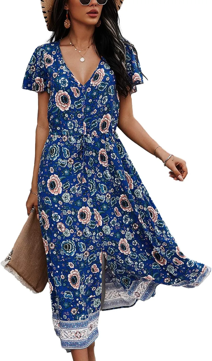 TEMOFON Women Dress Summer Sleeveless Bohemian: Floral V Neck Button Down Flowy Boho Dresses S-XL