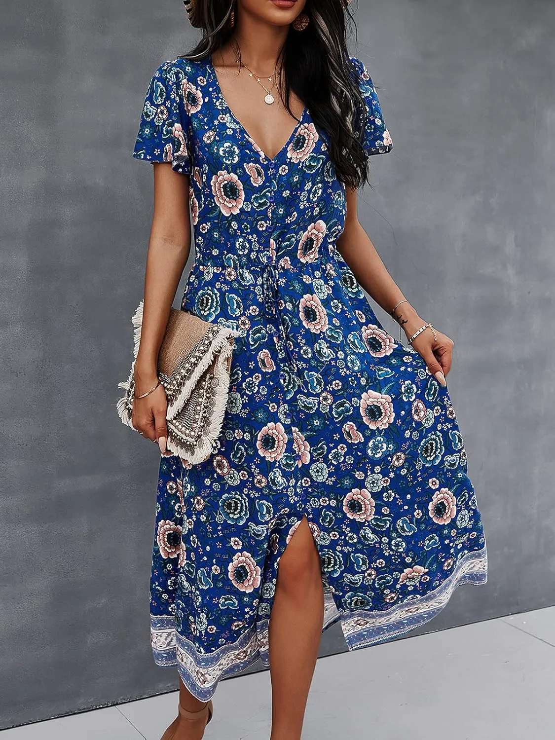 TEMOFON Women Dress Summer Sleeveless Bohemian: Floral V Neck Button Down Flowy Boho Dresses S-XL