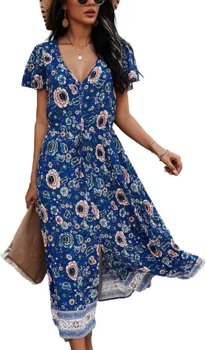TEMOFON Women Dress Summer Sleeveless Bohemian: Floral V Neck Button Down Flowy Boho Dresses S-XL