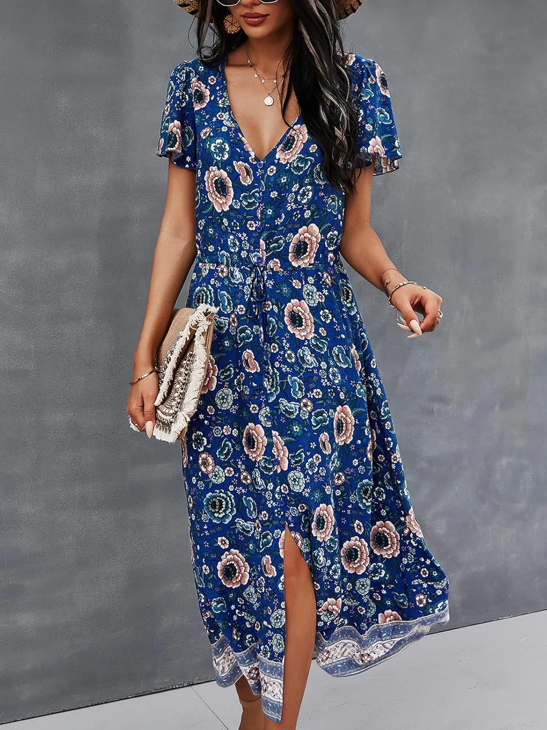 TEMOFON Women Dress Summer Sleeveless Bohemian: Floral V Neck Button Down Flowy Boho Dresses S-XL