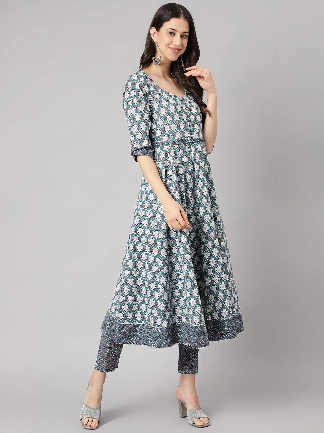 Turquoise Blue Cotton Anarkali Kurta Pant Set With Dupatta