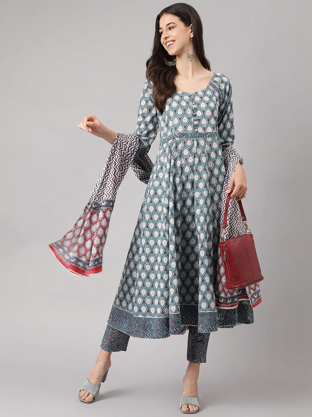 Turquoise Blue Cotton Anarkali Kurta Pant Set With Dupatta